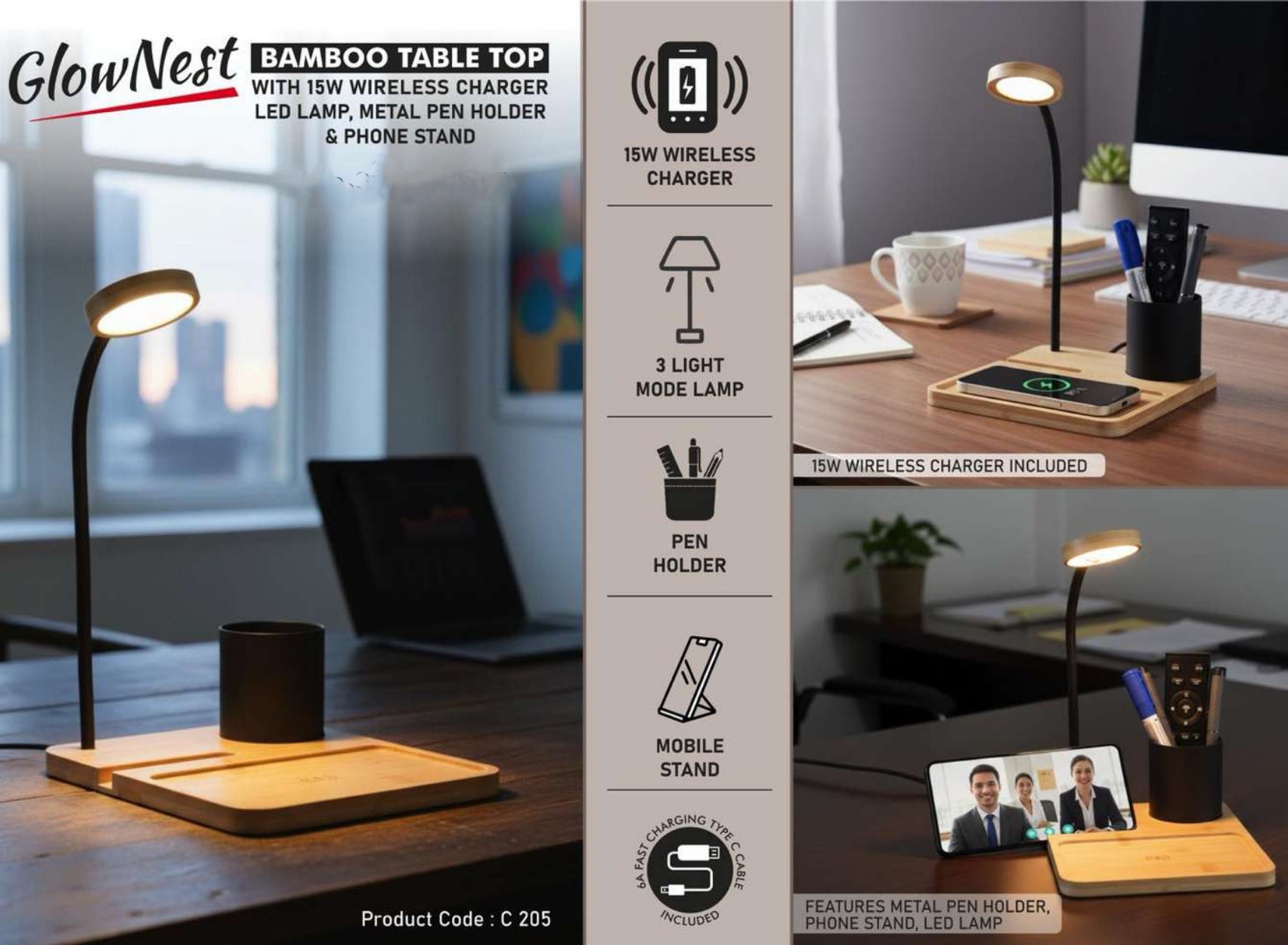 GlowNest Bamboo Table Top with Wireless Charger Lamp